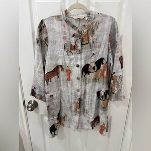 Soft Surroundings Gray Artistic Print Song Dynasty Button Down